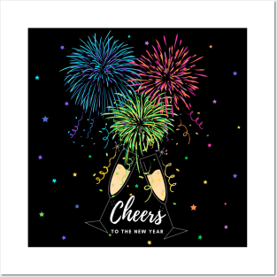 Cheers to the New Year Fireworks, Champagne Flutes and Stars Posters and Art